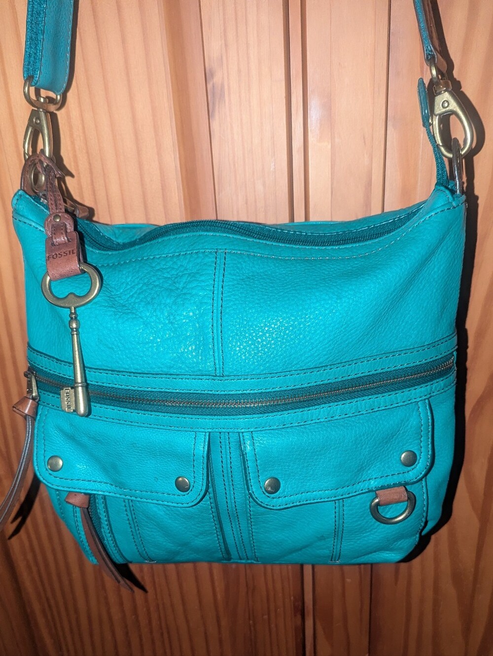 Fossil Morgan Teal Leather Crossbody Shoulder Bag With Brown Leather Trim